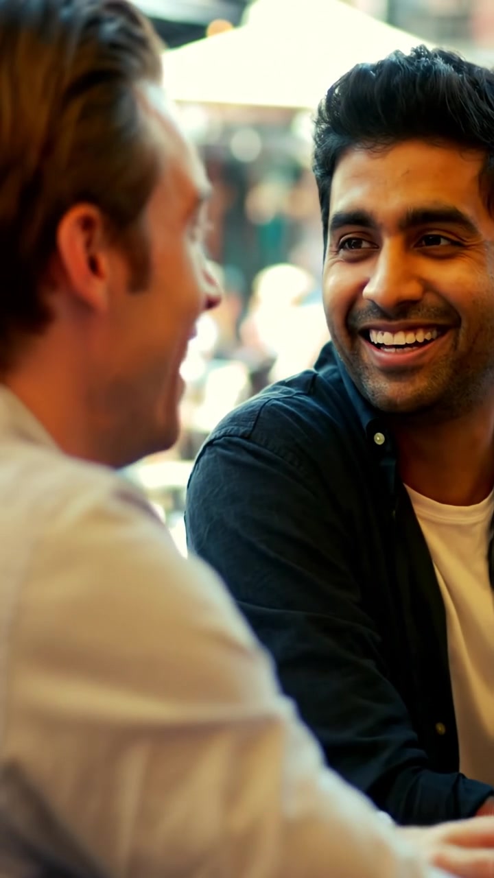 A close-up of Ken sitting at a café table, animatedly talking and laughing with a friend, in a photorealistic style. Natural lighting highlights their expressions, with soft shadows and a warm ambiance. Smooth camera focus on faces, capturing the lively conversation. The background features a bustling outdoor café scene. The audio features ambient city sounds and faint chatter.