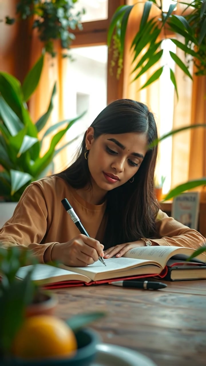 A photographic style image of Priya writing in a journal at a wooden desk, surrounded by lush green plants in natural lighting with soft shadows, captured in a smooth camera movement that emphasizes a cozy workspace ambiance. The background features gentle sunlight filtering through leaves. The audio features soft ambient nature sounds.