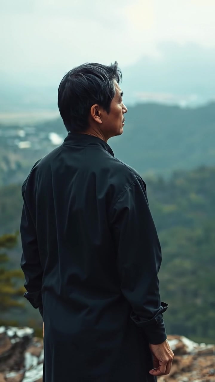 A photorealistic image of Hiro standing alone on a hilltop, gazing at a corrupted land with a determined expression. Natural lighting highlights rugged terrain and ominous skies, with smooth camera movement emphasizing his resolve. The background features distant mountains and a gloomy atmosphere. The audio features wind rustling softly.