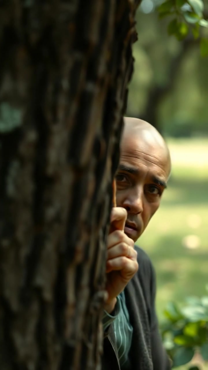 Photorealistic image of Carlos cautiously peeking out from behind a tree, eyes focused on the direction where thieves rode away, with natural lighting, high detail, and smooth camera motion capturing a tense, quiet moment in a lush forest. The background audio features distant ambient forest sounds.
