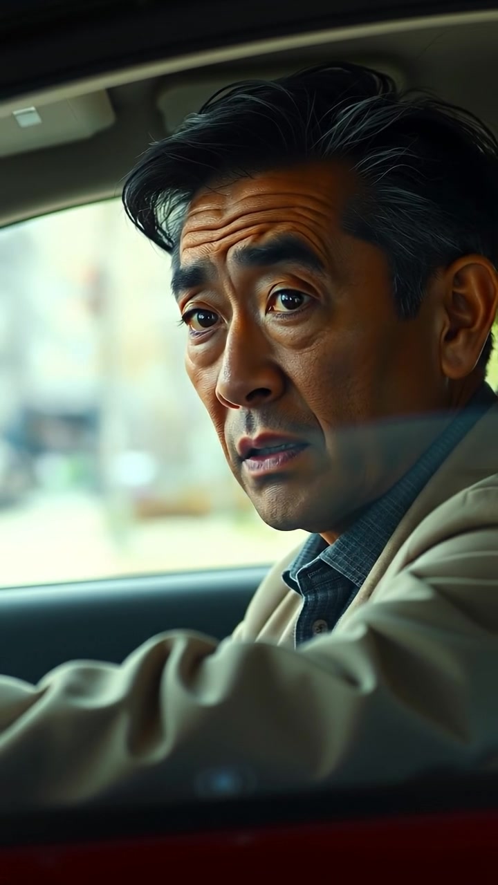 Photorealistic scene of Hiro inside a car, appearing confused and upset, with natural lighting illuminating his facial expressions. The camera captures a close-up shot with smooth motion, emphasizing his emotional state against a blurred city background. The audio features subtle engine noise and city ambiance.
