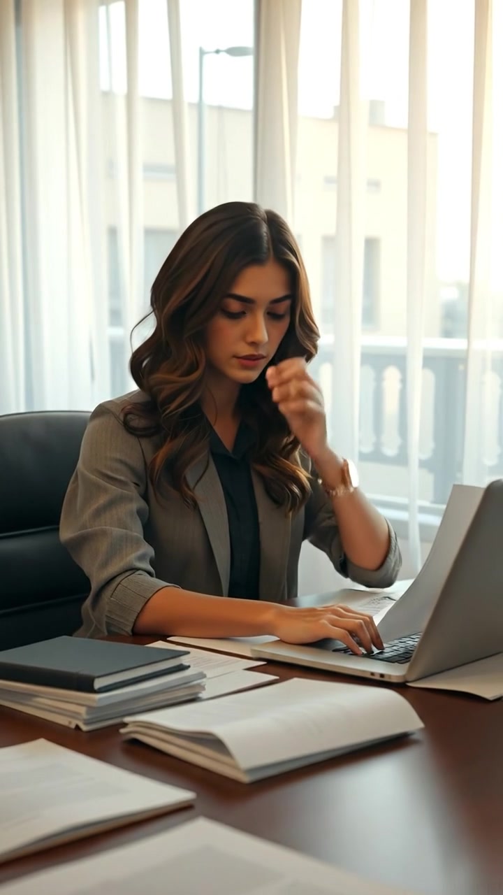 A photographic image of Laila sitting at a cluttered table covered with papers, her expression overwhelmed. Soft natural lighting highlights her distressed face, with a cinematic focus on her emotions. The background features a cozy, softly lit room with gentle shadows. The audio features subtle ambient room noise.