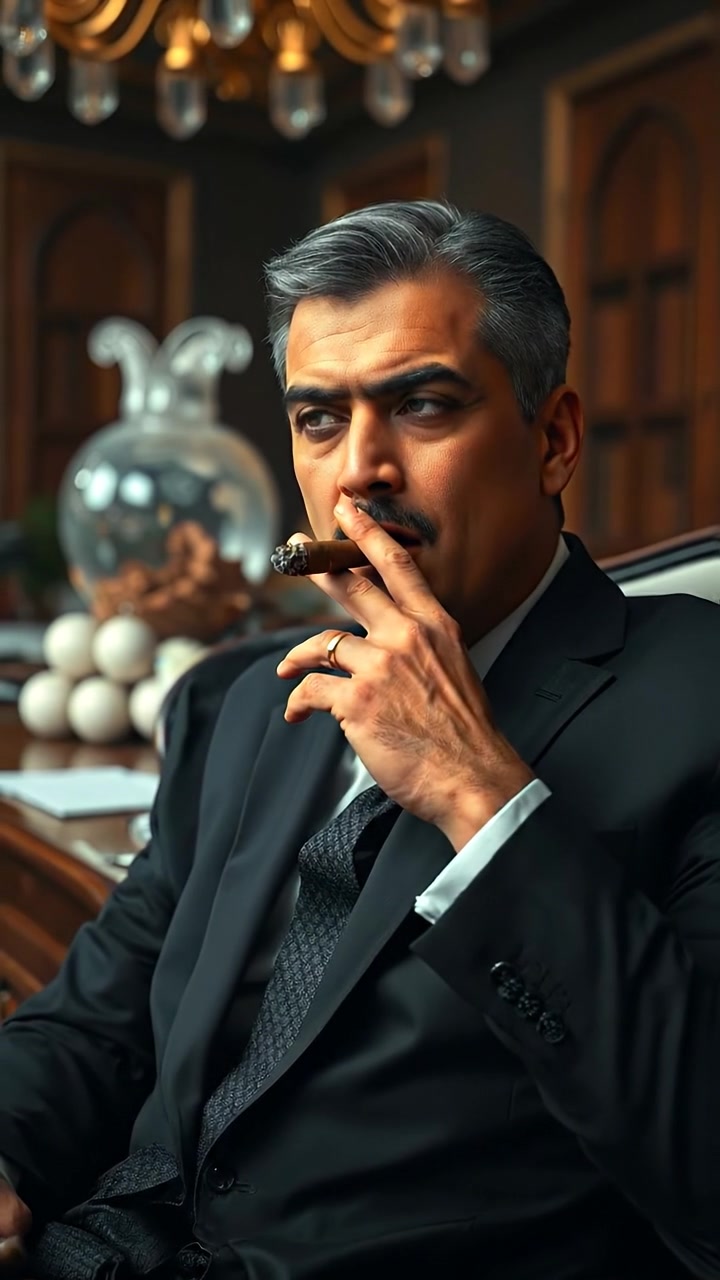 Photorealistic image of Omar sitting in a dark, lavish office, holding a cigar with a menacing expression, illuminated by moody, natural lighting that emphasizes shadows and rich textures. Smooth camera movement captures a sense of tension and sophistication. The background features opulent decor. The audio features subtle ambient sounds of a quiet, luxurious office.