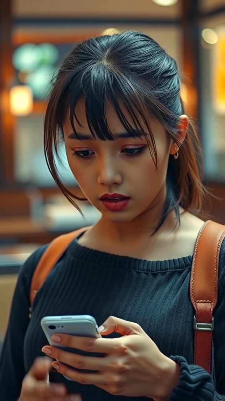 Photorealistic image of Mei shaking her phone in frustration, looking worried and anxious, under soft natural lighting with high detail, smooth camera motion capturing her expressions, set against a neutral background. The scene evokes tension and concern. The audio features gentle ambient city sounds.