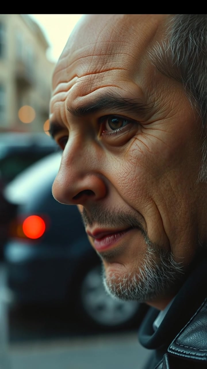 A close-up of Carlos's face with a weary expression in a photorealistic style, soft natural lighting highlighting facial details, with a blurred cityscape in the background. The shot features smooth camera focus on the face, conveying emotion and depth. The audio features gentle ambient city sounds.