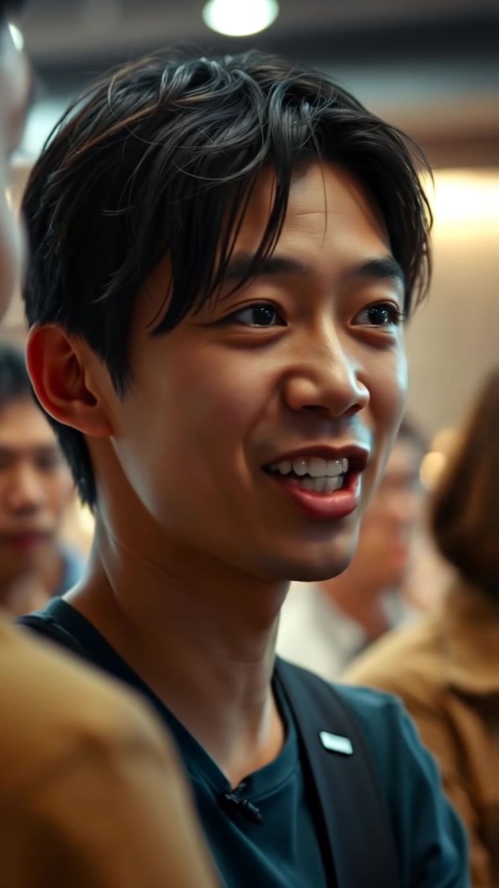 Close-up of Ken's excited, animated face in a photographic style, with natural lighting and high detail. The camera gently zooms in to capture his expressive features as he talks to a group, set against a softly blurred background. The atmosphere is lively and engaging. The audio features ambient crowd murmurs.