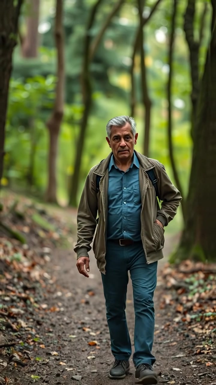 Photorealistic image of Omar walking along a forest path with small, determined steps, with lush green trees lining the trail. Natural lighting filters through the leaves, creating soft shadows. The camera captures a smooth, steady tracking shot. The background features rustling leaves and distant bird calls.