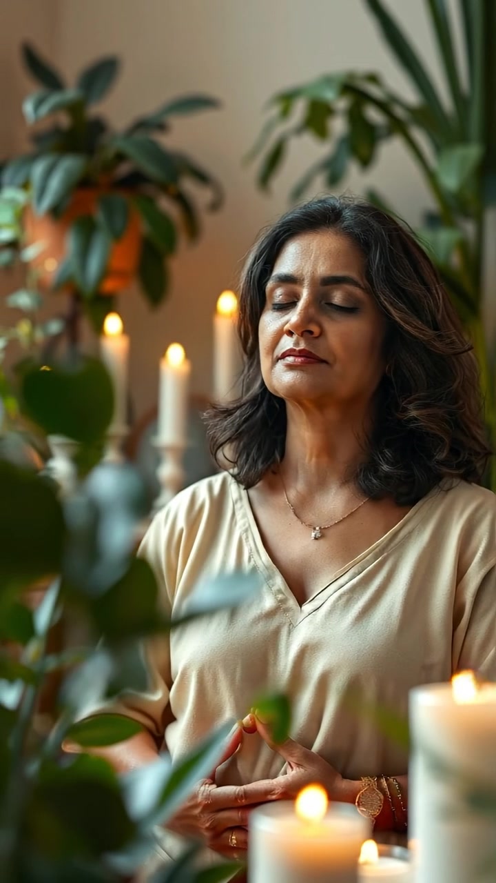 Asha meditating in a peaceful, plant-filled room illuminated by soft candlelight, with natural lighting accentuating her serene expression. The camera moves smoothly in a gentle dolly shot, capturing the tranquil atmosphere and lush greenery. The background features the soothing sound of gentle wind and rustling leaves.
