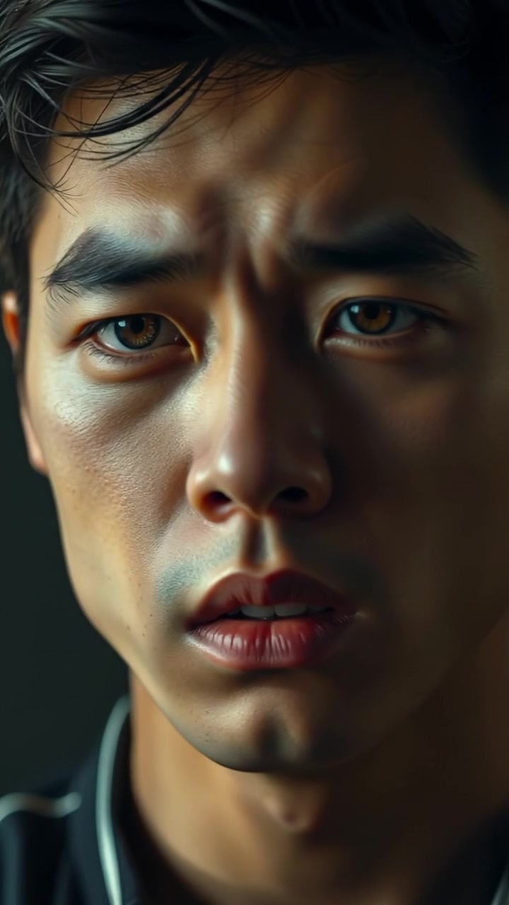 A close-up of Ken, conveying anxiety with beads of sweat on his forehead, captured in natural lighting with high detail and soft shadows. The gentle camera movement emphasizes his worried expression; smooth focus on the face, with a neutral background. The audio features subtle ambient sounds.
