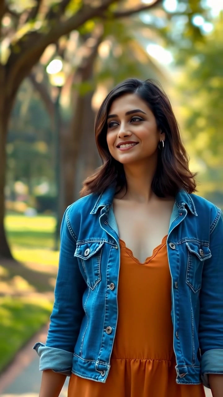 A photographic image of Laila walking through a lush, vibrant park filled with green foliage and blooming flowers, captured in natural lighting with soft shadows, smooth camera movement emphasizing serenity and presence. The background features gently swaying trees and a tranquil atmosphere. The audio features ambient nature sounds.