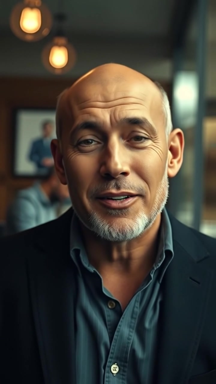 A photorealistic portrait of Carlos speaking directly to the camera with a supportive expression, soft natural lighting highlighting his features, subtle depth of field, cinematic close-up shot with smooth camera movement, warm tones and gentle shadows. The background features a blurred indoor setting. The audio features calm, inspiring background music.