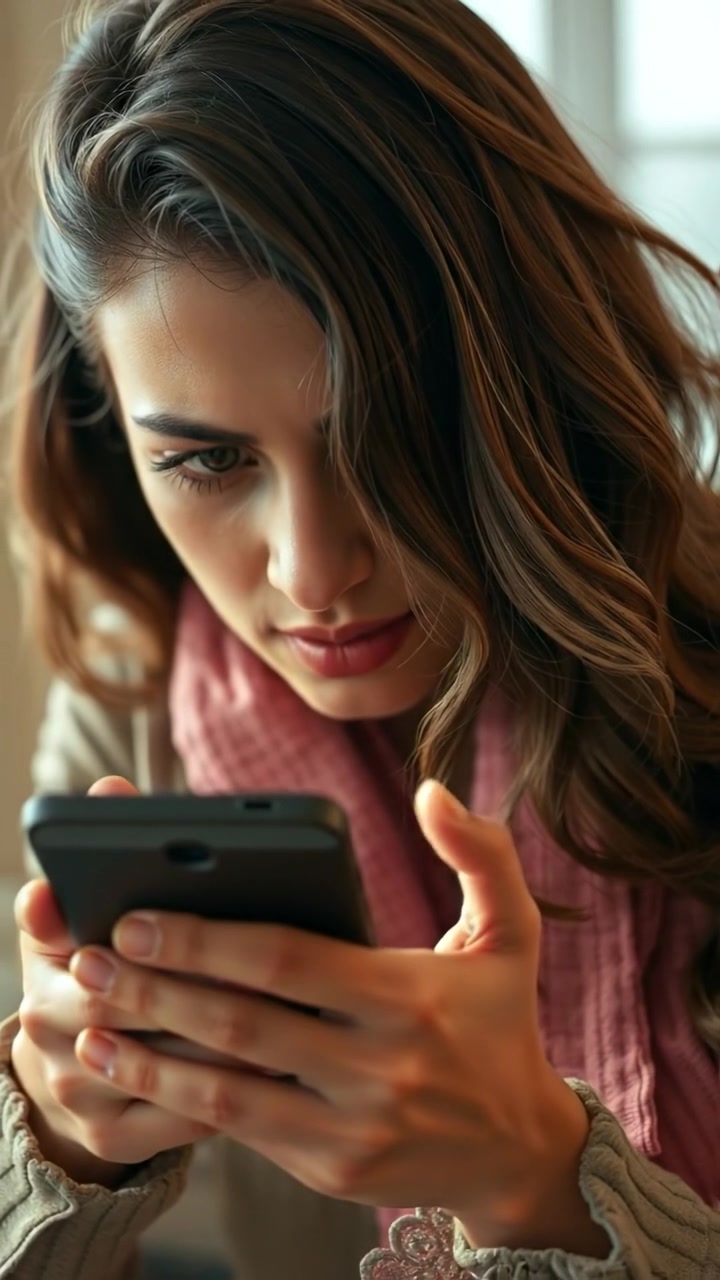 Close-up of Laila's trembling hands holding her phone in a photographic style, captured with soft natural lighting and high detail. The shot features a shallow depth of field, with gentle camera movement emphasizing vulnerability. The background is softly blurred, and the scene emits a tense, quiet atmosphere. The audio features subtle ambient sounds of a quiet room.