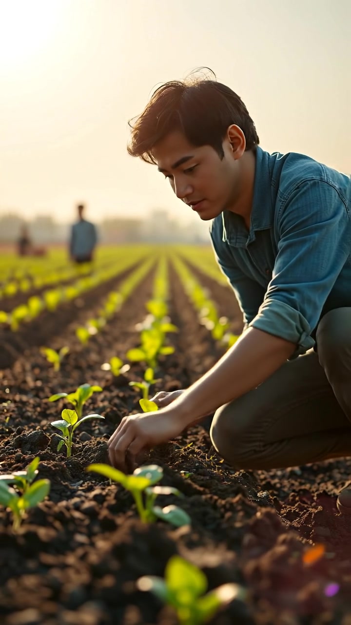 A photographic image of a man named Ken working diligently in a lush, expansive field under a bright, clear sun. He is planting seeds, with warm sunlight casting soft shadows across the vibrant greenery. The scene features natural lighting, high detail, and smooth camera movement. The background audio features gentle outdoor sounds and birds chirping.