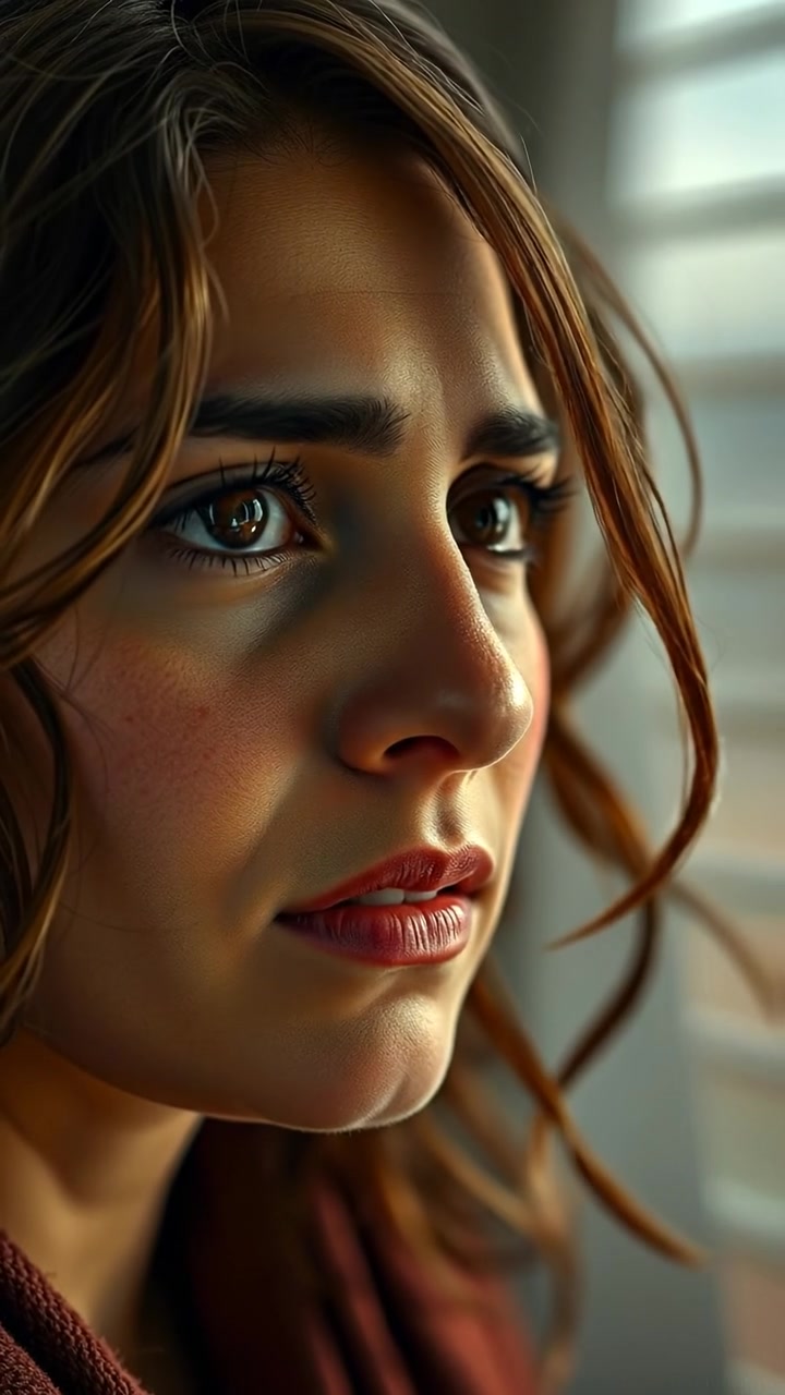 A close-up of Laila's face in a photographic style, capturing her thoughtful and slightly worried expression. Soft natural lighting highlights fine details, with a gentle background blur and smooth camera focus. The scene exudes introspection and subtle emotion, with ambient sounds of a calm, quiet environment in the background.