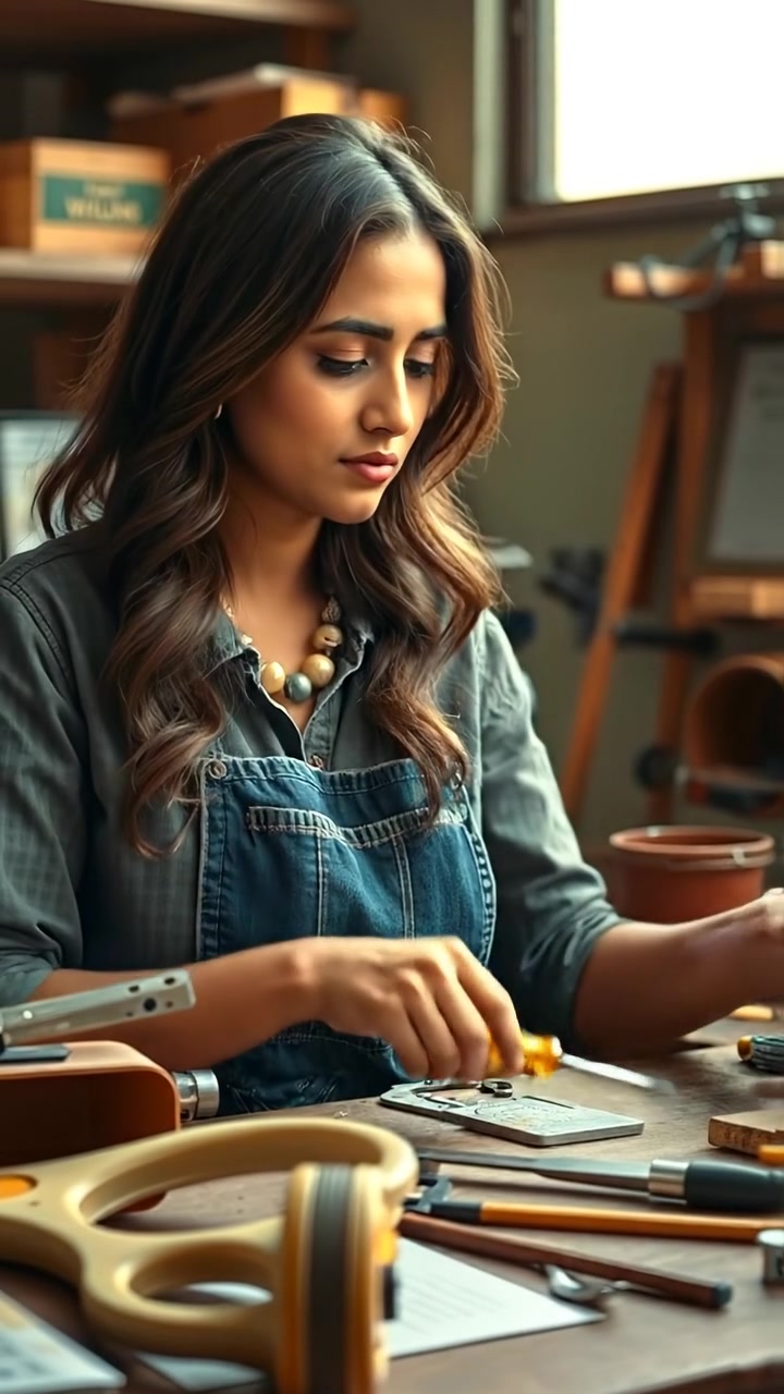 Photorealistic image of Laila in her workshop, examining her latest inventions amid scattered tools and mechanical parts, illuminated by natural light that enhances high detail and smooth camera movement; warm tones and soft shadows create an inviting atmosphere. The audio features faint mechanical sounds in the background.