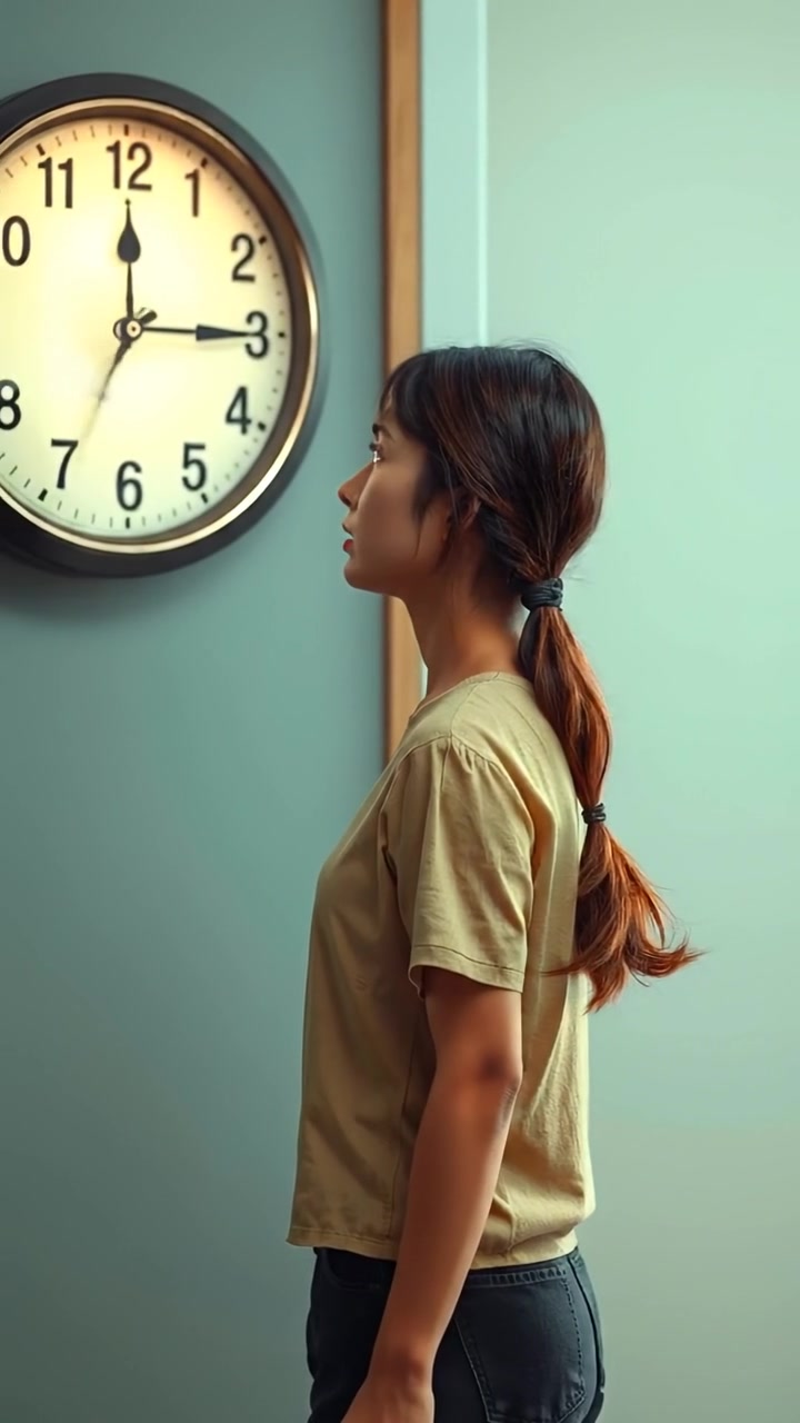 A photographic image of Mei standing still beside a vintage clock on a softly lit wall, her face showing worry as she observes the time. Natural lighting highlights her features, and the camera captures a smooth, close-up shot with a gentle background blur. The ambient sound features ticking clock sounds.