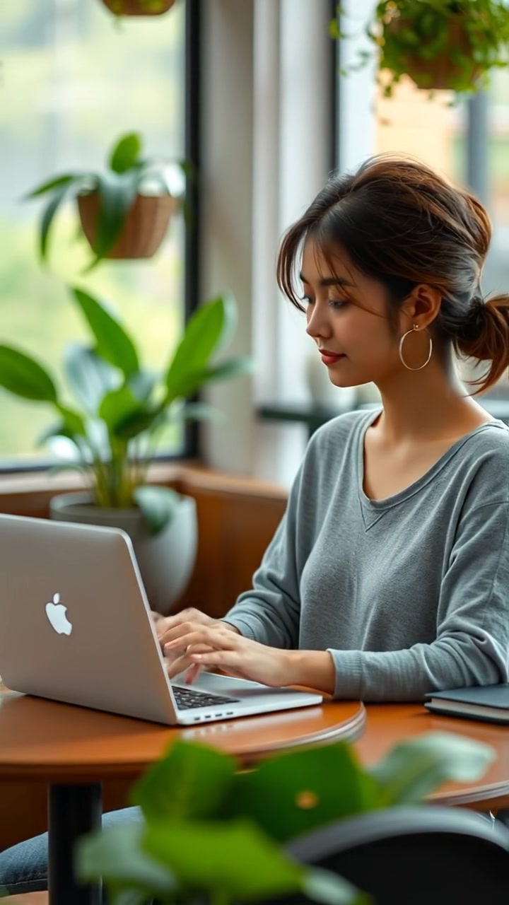 A photorealistic scene of Mei typing on her laptop in a cozy cafe, filled with lush plants and warm light, captured with smooth camera movement and natural lighting. The background features soft shadows and inviting ambiance. The audio features gentle cafe background sounds.