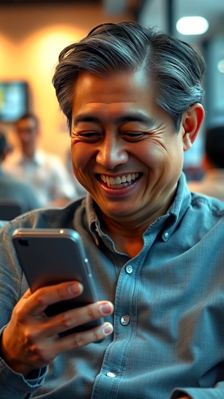 Photorealistic image of Hiro reading funny comments on his phone, grinning broadly, captured in natural lighting with high detail. The scene features a relaxed indoor setting with soft shadows and a warm ambiance, with a slight camera tilt to emphasize his expression. The background audio features subtle city background noises.