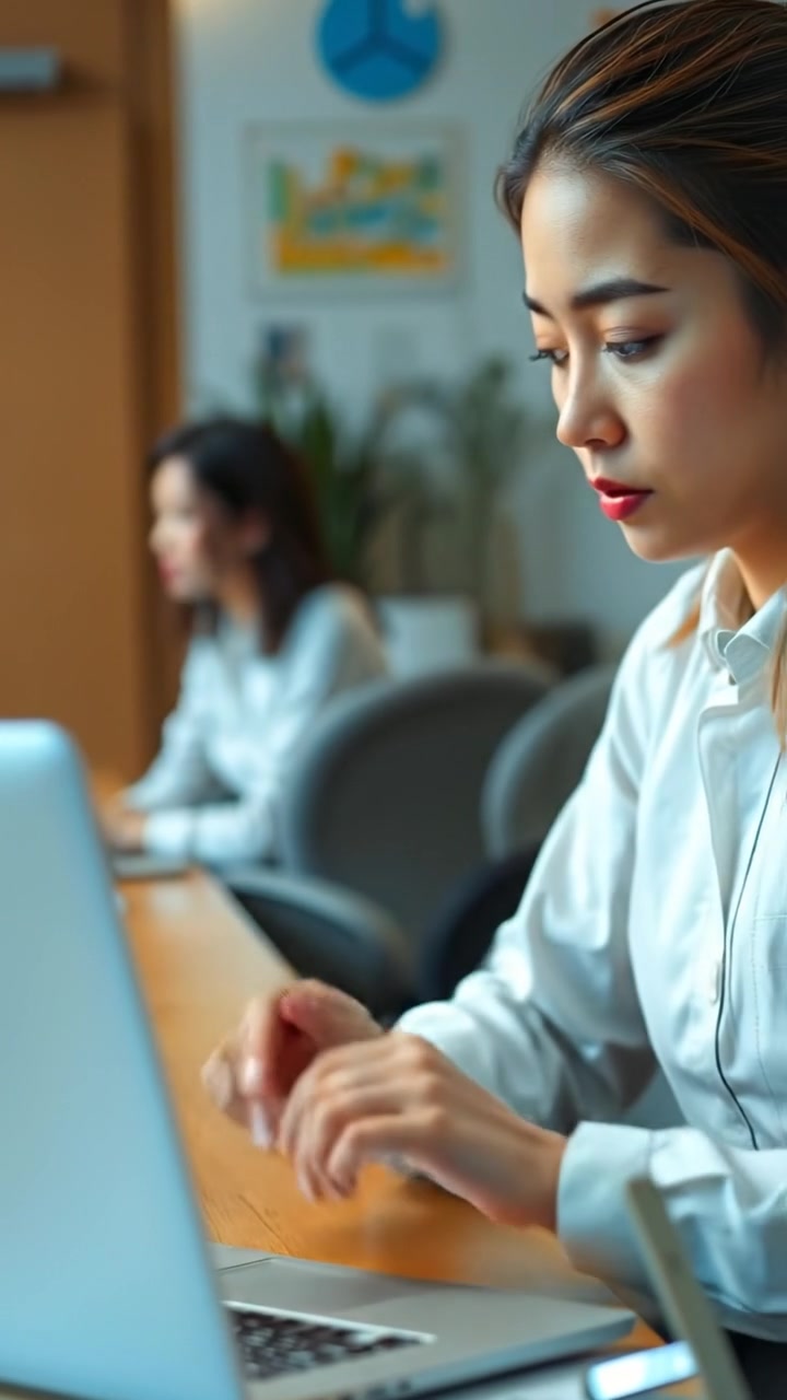 A photographic scene of Mei reviewing her video analytics on a laptop, her expression focused and determined, captured with natural lighting and high detail. The camera slowly dolly-in to emphasize her concentration, with a softly blurred background of an office environment. The background audio features subtle electronic ambient sounds.