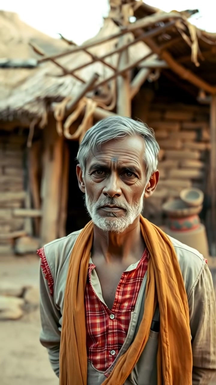 Photorealistic image of Raj standing resolutely in front of a humble hut, rugged landscape behind him, natural lighting highlighting his determined expression, soft shadows adding depth, captured with smooth camera movement to emphasize resilience. The background features a quiet rural setting; the audio features gentle wind sounds.