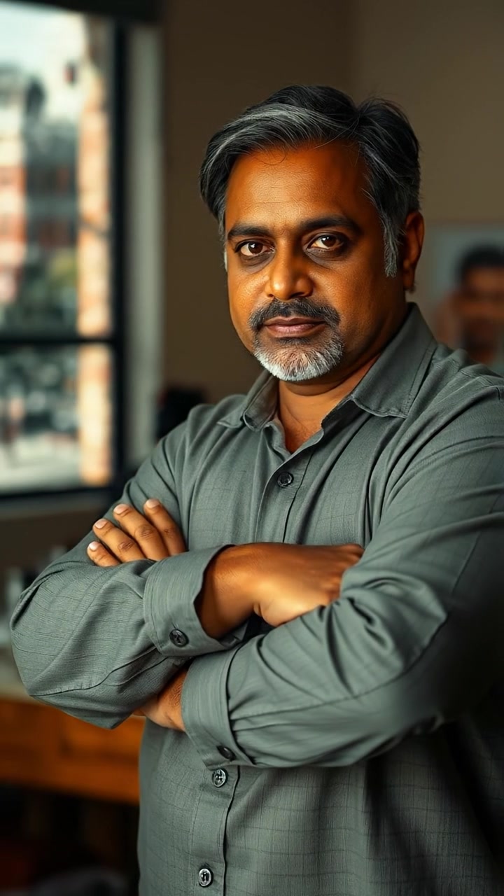 Photorealistic image of Raj standing with arms crossed and a determined expression, captured in natural lighting with high detail. The scene features a subtle background blur, emphasizing his intense demeanor. The camera employs a slight tilt to enhance drama, with soft shadows highlighting his features. The background audio features ambient city sounds.