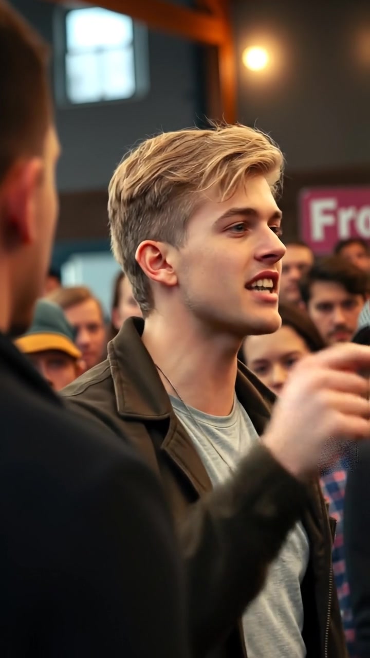 Photorealistic image of Ryan speaking passionately at a community gathering, with an attentive crowd around him. Natural lighting casts soft shadows, and the scene features warm tones and smooth camera movement, capturing a candid, lively atmosphere. The audio features ambient community sounds in the background.