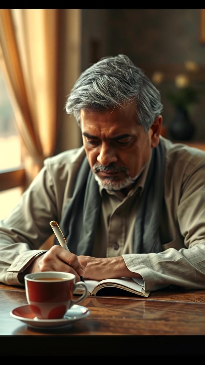 Photorealistic image of the Raj sitting at a richly decorated wooden table, writing in a notebook with a focused expression, a steaming cup of tea beside him, bathed in warm natural light with soft shadows, subtle depth of field, and smooth camera motion. The background features an elegant, traditional interior. The audio features gentle ambient sounds of a quiet, peaceful room.