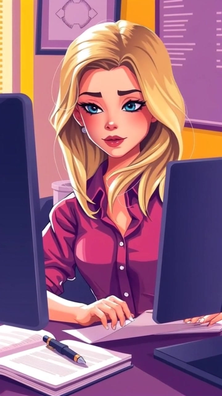 Subject: A dedicated employee focused on her work at a desk. Subject movement: She types steadily on her computer while occasionally looking at reports scattered around her. Scene: A modern office setting with soft ambient lighting, showcasing an organized workspace filled with papers and a computer. Motion: A subtle push-in camera movement that highlights her concentration, gradually zooming in to capture the details of her focused expression and the documents.