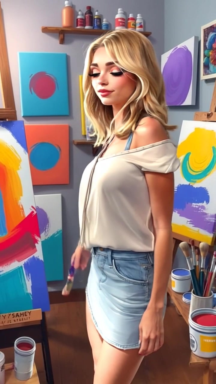 Subject: Ava, standing in her small art studio. Subject movement: She enthusiastically moves between colorful canvases, mixing paint, and applying vibrant strokes. Scene: The intimate art studio filled with canvases and scattered paint supplies, showcasing a warm and inviting atmosphere. Style: Soft, ambient lighting highlighting the colors and textures of the art. Motion: The camera gently tracks Ava's movements, pivoting around her as she engages with her artwork.