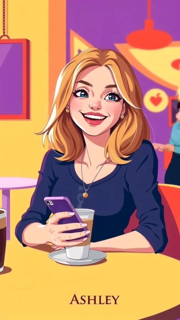 Subject: Lisa sitting at a cafe table, clutching her phone with a joyful laugh. Subject movement: Lisa's laughter erupts as she leans slightly forward, animatedly speaking into her phone. Scene: A bustling cafe with warm wooden accents, colorful decor, and patrons in the background. Lighting: Soft, natural light filtering through the windows, creating a cozy atmosphere. Motion: The camera performs a gentle push-in, capturing her expression of delight while the background gradually blurs, focusing on her vibrant interaction.