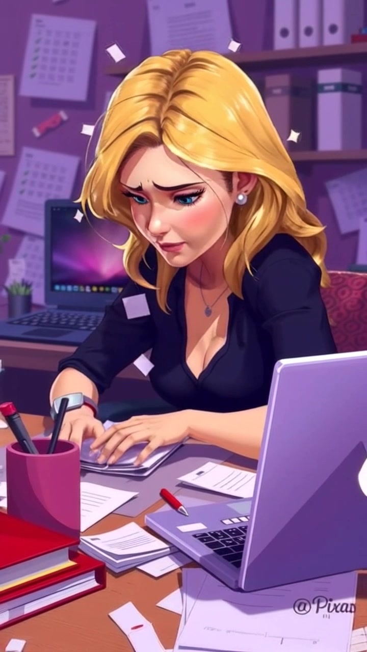 Subject: A person intensely focused at a cluttered desk, surrounded by papers and a laptop. Subject movement: The person nervously types on the laptop, glancing at notes scattered on their desk. Scene: A cozy, slightly chaotic home office filled with creative clutter. Style: Soft, ambient lighting illuminating the workspace, creating a warm yet tense atmosphere. Motion: The camera slowly zooms in on the figure, framing the stress etched on their face, while subtly panning to capture the disarray of papers around them.