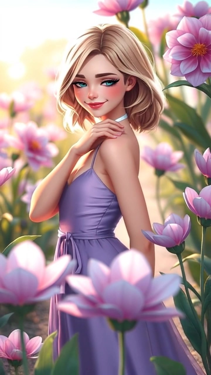 Subject: Princess Elira standing gracefully in a sunlit garden, surrounded by blooming flowers. Subject movement: She gently sways, her flowing gown catching the soft breeze. Scene: A vibrant garden filled with colorful flowers under a radiant blue sky. Style: Warm, bright lighting accentuates the colors of the blossoms and the glinting fabric of her gown. Motion: The camera begins with a close-up of a flower, then slowly pushes in to reveal Elira in the enchanting setting, capturing the peaceful ambiance of the garden.