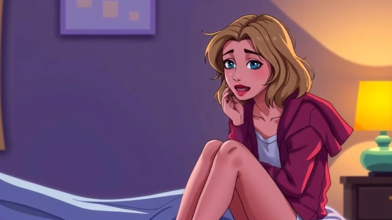 Subject: A young woman sitting on the edge of her bed, expression determined yet tired, as she speaks to herself. Subject movement: She shifts slightly, emphasizing her resolve with subtle hand gestures. Scene: A cozy bedroom with soft lighting and personal touches, a bed adorned with layers of blankets and pillows. Style: Warm, ambient lighting creating an inviting atmosphere. Motion: The camera gently pushes in, capturing her expressions and movements closely, while the background softly blurs out, focusing on her moment of introspection.