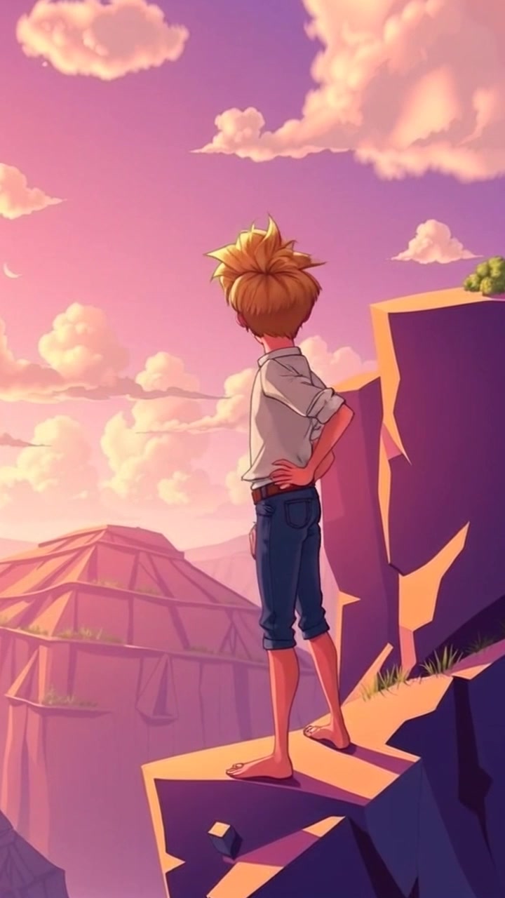 Subject: A figure standing at the edge of a cliff. Subject movement: The figure turns slightly, gazing out into the horizon as the wind gently tousles their hair. Scene: A breathtaking cliff overlooking a vast, open sea, with the sun dipping below the horizon casting warm hues across the sky. Style: Golden hour lighting creates a serene and tranquil atmosphere, with soft tones blending together. Motion: The camera begins with a wide shot of the cliff and slowly zooms in on the figure, capturing the beauty of the landscape as it transitions from day to night.