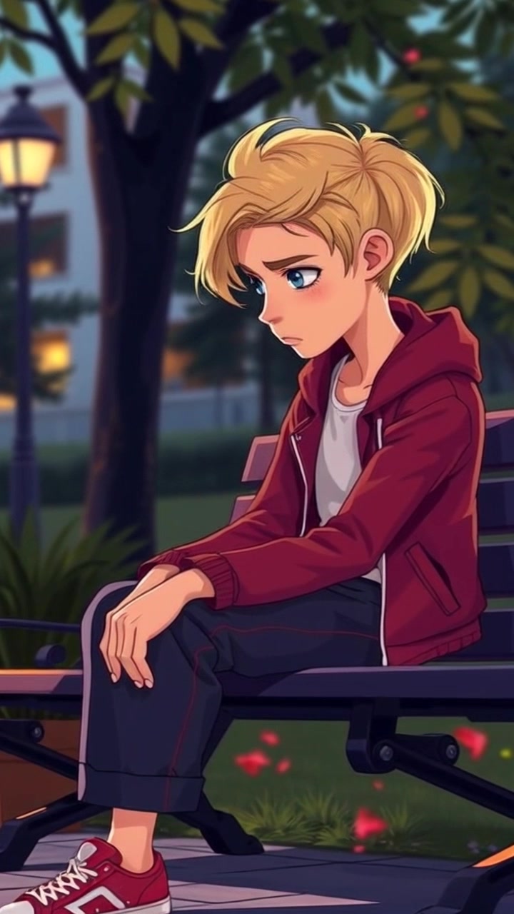 Subject: A young man sitting alone on a park bench. Subject movement: He remains still, lost in thought, gazing at the ground. Scene: A serene park setting with green trees and a soft path winding through. Style: Soft natural lighting with gentle sunlight filtering through the leaves, creating dappled patterns on the ground. Motion: The camera slowly zooms in on Noah, capturing the tranquility of the moment, while the gentle rustling of leaves adds to the peaceful atmosphere.