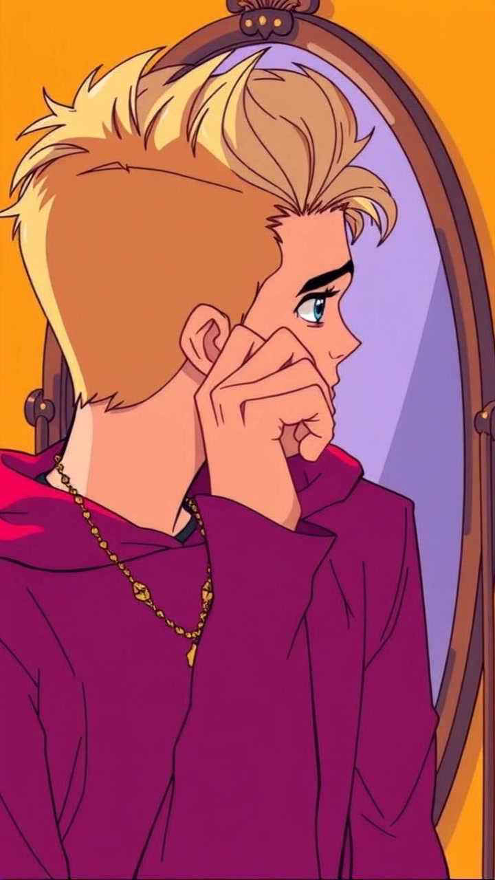 Subject: A young man standing in front of a mirror, his expression reflective and conflicted as he contemplates his choices. Scene: Intimate bedroom setting with soft, muted colors and personal belongings scattered around. Lighting: Warm, dim light casting gentle shadows across the room, enhancing the mood of introspection. Motion: The camera captures a close-up of his face, then slowly pulls back to reveal the mirror's reflection, shifting between angles to emphasize his internal struggle.