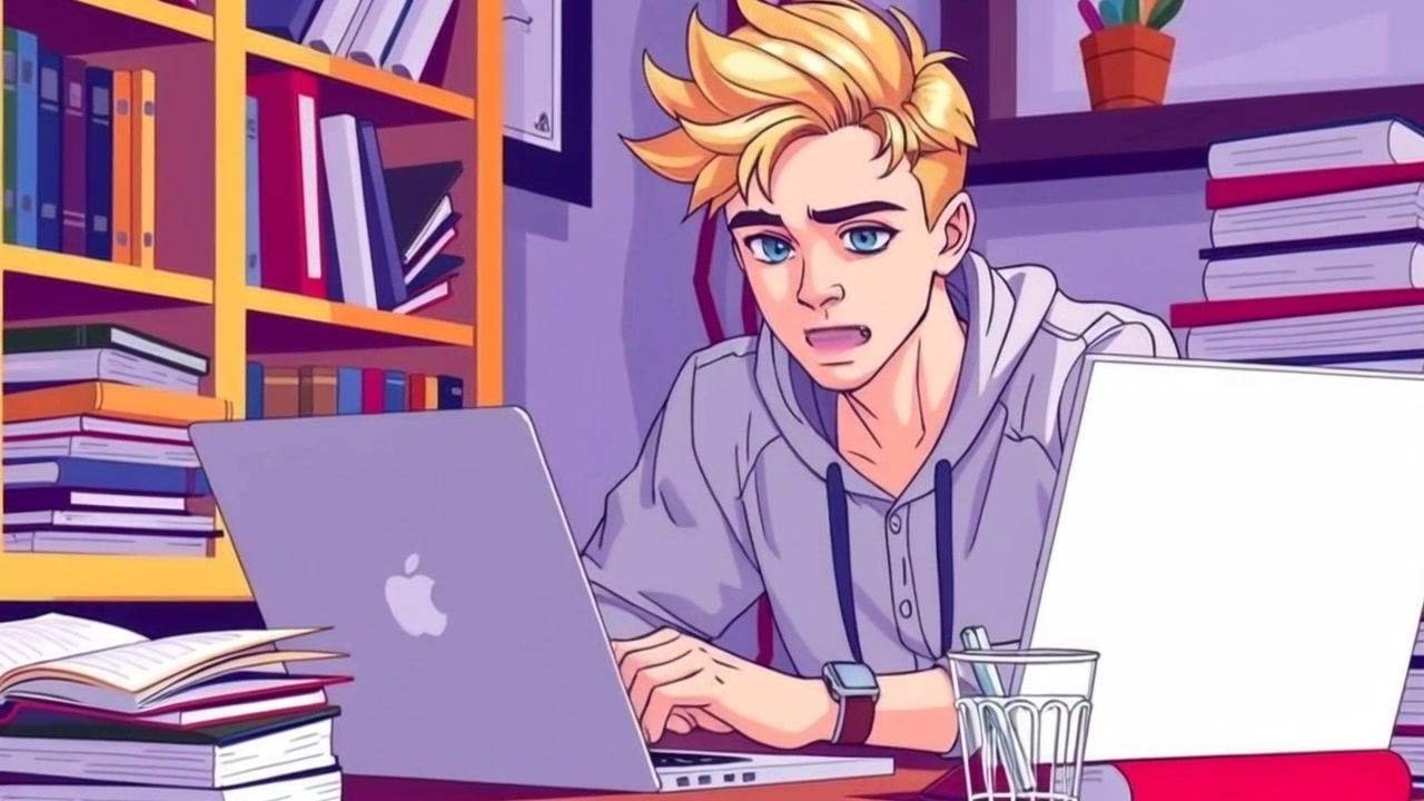 Subject: A young man focused on his laptop. Subject movement: He types diligently and occasionally glances at his notes. Scene: A cozy study filled with books and scattered papers, illuminated by a warm desk lamp. Style: Soft ambient lighting creating an inviting atmosphere. Motion: The camera slowly pushes in on the young man at his desk, capturing his concentration while elements of the study are gently blurred in the background.