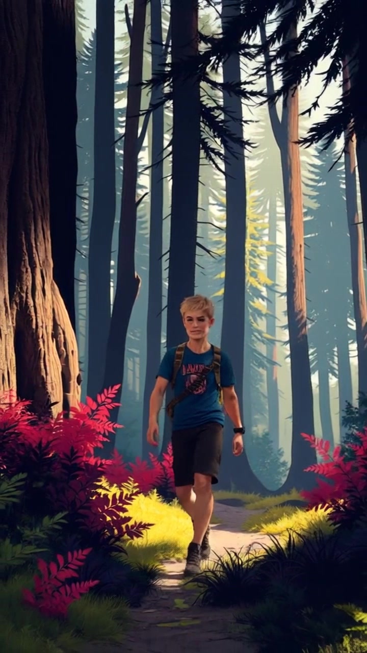 Subject: A person walking. Subject movement: The individual strides purposefully through a dense forest, navigating the underbrush with each step. Scene: A lush, green forest filled with towering trees and tangled foliage. Style: Dappled sunlight filters through the leaves, creating a serene and inviting atmosphere. Motion: The camera follows closely behind the person, tracking their movement as they weave through the trees, with the rich textures of bark and leaves framing the action.