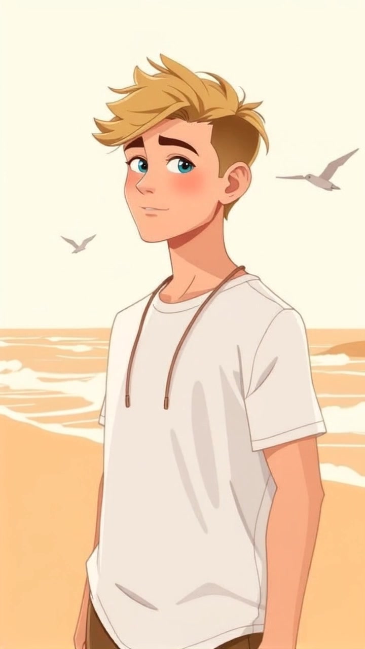 Subject: A person standing on a beach, gazing at the waves. Subject movement: The individual shifts slightly, as a gentle breeze tousles their hair. Scene: Expansive beach with soft sand and rolling waves under a clear blue sky. Style: Late afternoon lighting creates a soft, warm glow on the water's surface, enhancing the tranquil atmosphere. Motion: The camera slowly pushes in, capturing the serene interaction between the person and the coastal environment, as the waves softly lap at the shore.