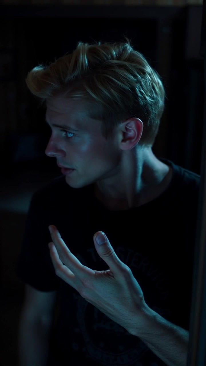 Subject: A person looking concerned. Subject movement: The person glances nervously around the darkened room, their body slightly tensing. Scene: A dimly lit room filled with eerie shadows, enhancing the suspenseful atmosphere. Style: Low-key lighting with deep contrasts contributing to a haunting mood. Motion: The camera moves slowly through the space, capturing the flickering shadows and the subject's anxious demeanor, as if uncovering an unsolved mystery.