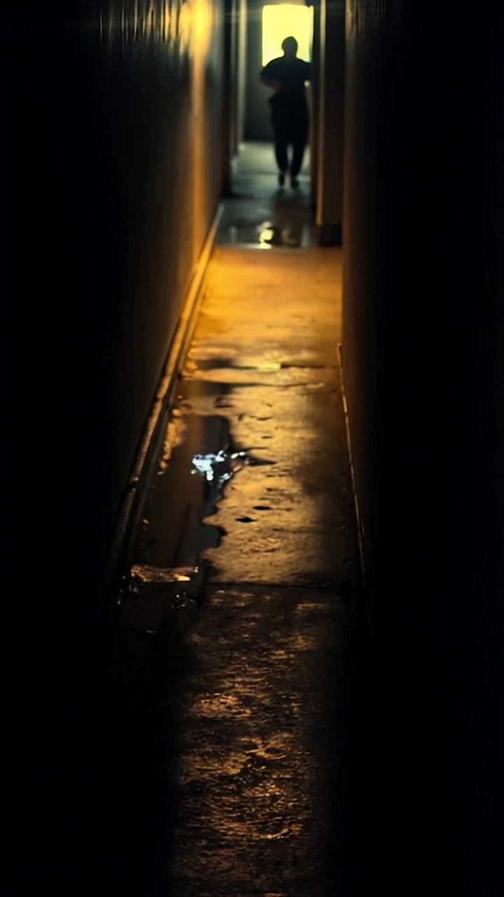 Subject: A shadowy figure hastily disappearing into a dimly lit alleyway, the urgency palpable. Scene: Urban nightscape with the gritty textures of bricks and puddles on the ground, casting reflections in the low light. Lighting: Harsh neon glows from nearby signs create stark contrasts in the shadows, amplifying the tension. Motion: Camera follows the figure with a quick, handheld tracking shot, emphasizing the sense of movement and mystery as it rushes into the depths of the alley.
