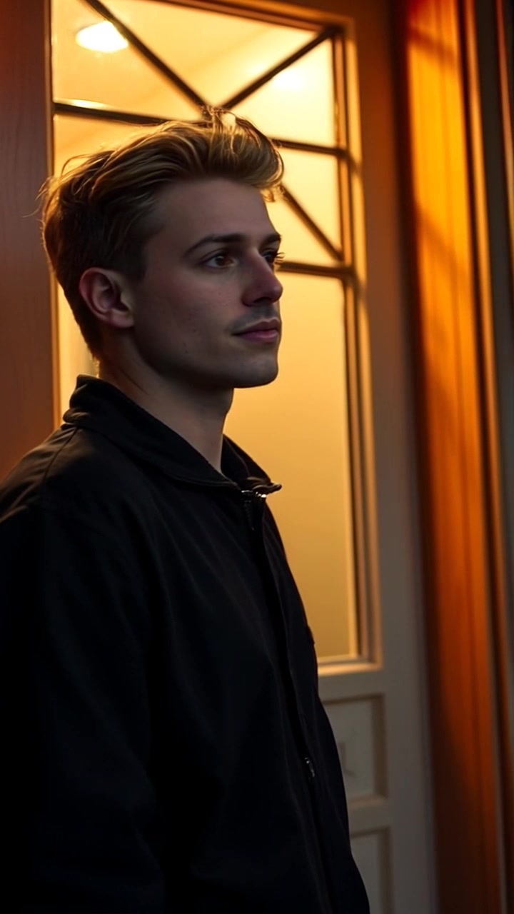 Subject: Daniel standing outside his house. Subject movement: He gazes towards the door with a hopeful expression, shifting his weight slightly from one foot to the other. Scene: A quaint house on a sunny day, surrounded by a well-maintained garden. Style: Bright, natural sunlight illuminating the scene, creating a warm and inviting atmosphere. Motion: Camera slowly pushes in towards Daniel, capturing the anticipation in his expression, while the lush greenery sways gently in the background.