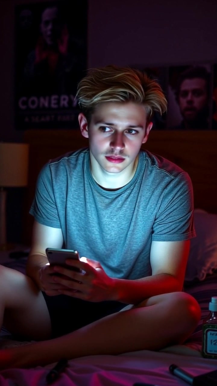 Subject: A person sitting on their bed, holding a phone tightly. Subject movement: The person shifts nervously, glancing around the room with alarm and confusion. Scene: Cozy bedroom, softly lit with warm morning light filtering through the curtains. Motion: Camera slowly pushes in from a wide angle to a closeup, capturing the individual's expressive features and the tension in their grip on the phone, emphasizing the confusion in their demeanor.