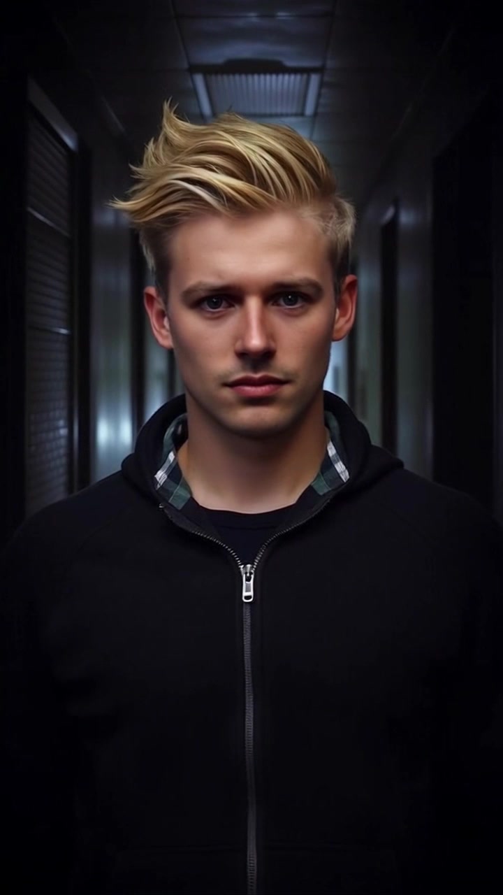Subject: A figure standing at the end of a dark corridor. Subject movement: The figure shifts nervously, glancing back over their shoulder. Scene: A dimly lit corridor with shadows lurking in the corners, evoking a sense of tension. Style: Moody, low-key lighting accentuates the oppressive atmosphere. Motion: The camera slowly pushes in on the figure, heightening the sense of unease as the surrounding darkness deepens.