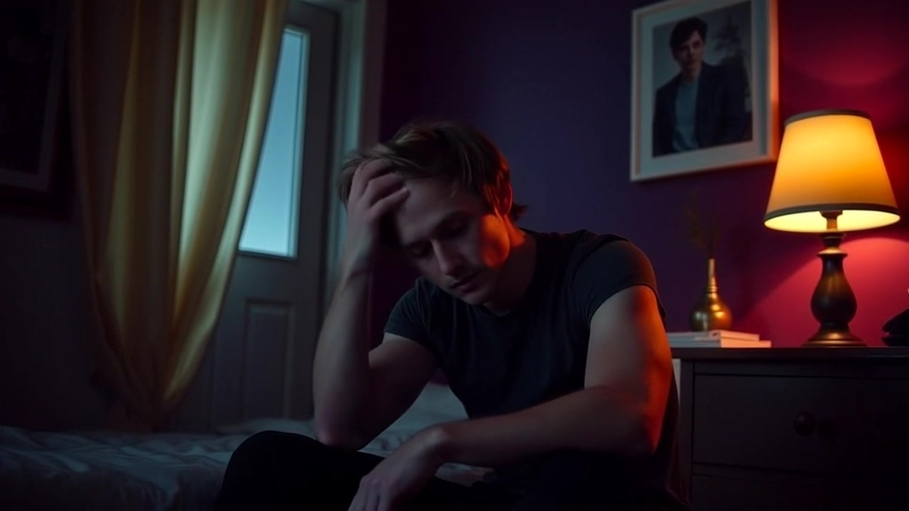 Subject: A young man sitting on his bed, looking distressed and unable to sleep. Subject movement: He shifts restlessly, running his hands through his hair and glancing toward the window. Scene: A dimly lit bedroom filled with soft shadows and a single source of light casting a warm glow. Style: Low ambient light creating a moody atmosphere, emphasizing the emotional weight of the scene. Motion: The camera slowly dolly in on the young man's face, capturing the tension in his expression as he stares lost in thought.