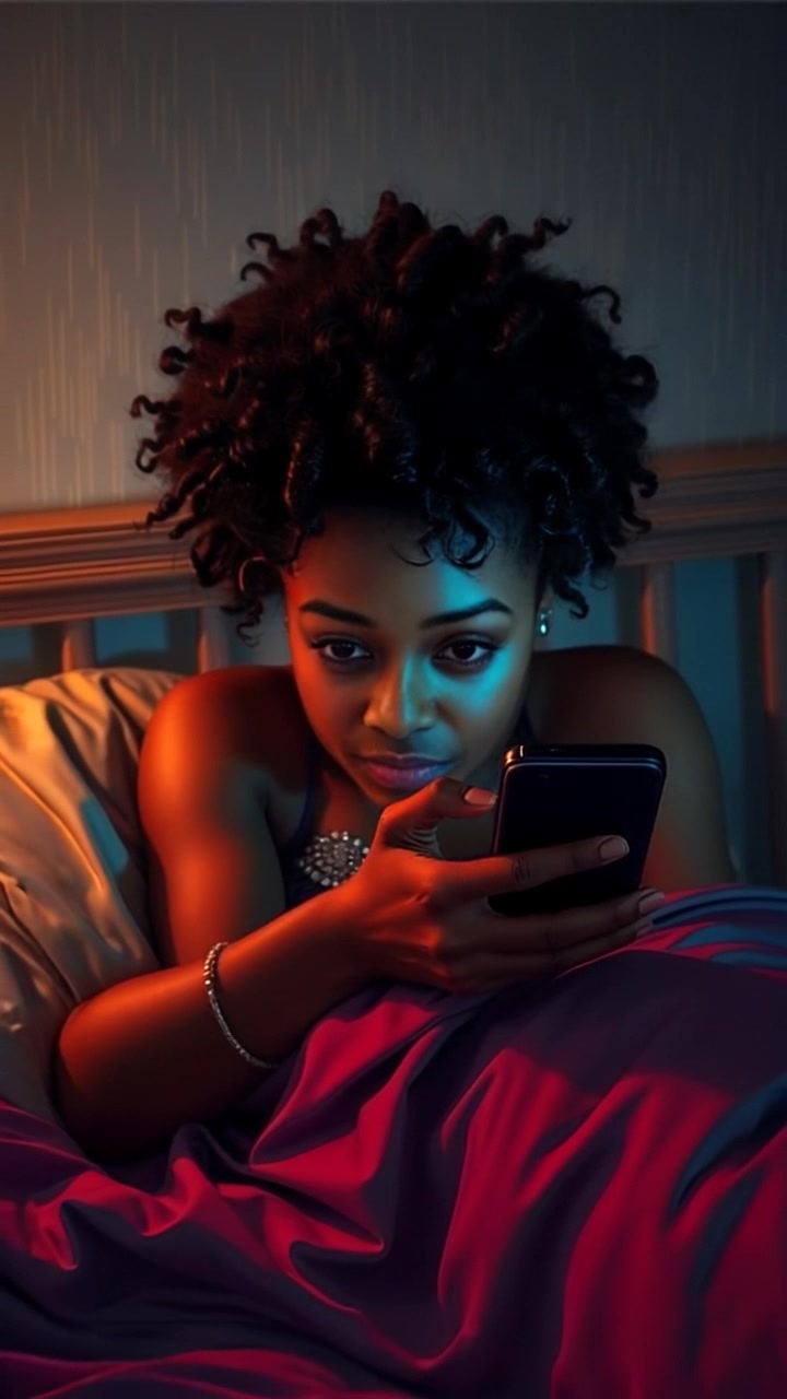 Subject: Nia waking up suddenly in bed. Subject movement: Nia's eyes widen as she stares intently at the phone, reacting to the video that just started playing. Scene: Cozy bedroom with soft morning light filtering through sheer curtains, giving a warm vibe to the space. Motion: The camera begins with a close-up of Nia's face, capturing her startled expression, then smoothly pulls back to reveal the surroundings, creating an inviting atmosphere.
