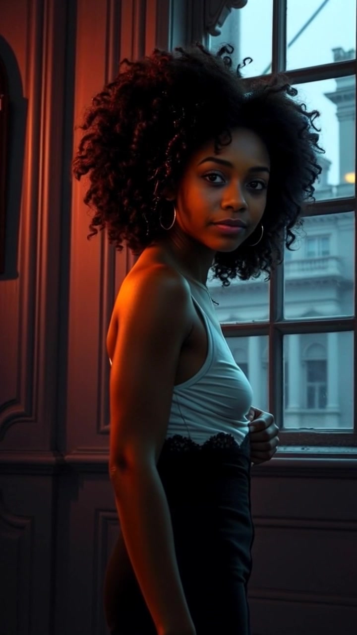 Subject: A young woman standing alone in a dimly lit room, looking pensive. Scene: The room is softly illuminated by sunlight filtering through a window, casting gentle shadows and highlights. Motion: Camera slowly zooms in on her contemplative expression, enhancing the intimate atmosphere, with ambient lighting creating a warm, introspective mood.