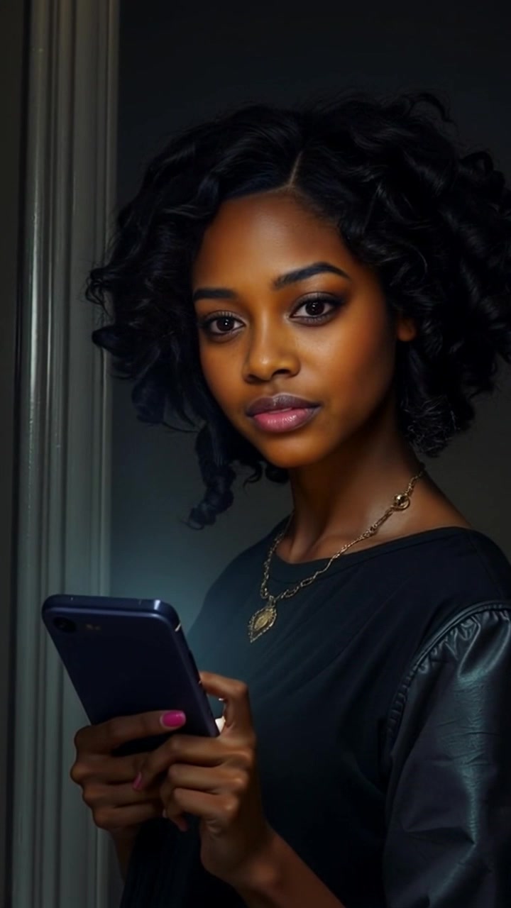 Scene: A dimly lit room where Nia sits, wide-eyed in fear as the glow from her phone fades, leaving the space increasingly shadowy. Style: Mood lighting with deep shadows, evoking an atmosphere of suspense and anxiety. Motion: The camera slowly zooms in on Nia's expression, capturing the growing dread in her eyes as the surroundings darken around her.