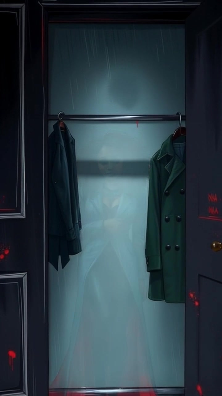 Scene: A stylish bedroom with a decorative wardrobe, partially open to reveal an empty space alongside neatly hung clothing. Style: Soft, ambient morning light filtering through the window, creating a gentle and welcoming atmosphere. Motion: Camera smoothly dollies in towards the wardrobe, capturing the anticipation and emptiness of the space as the door creaks open, revealing hints of the clothes inside.