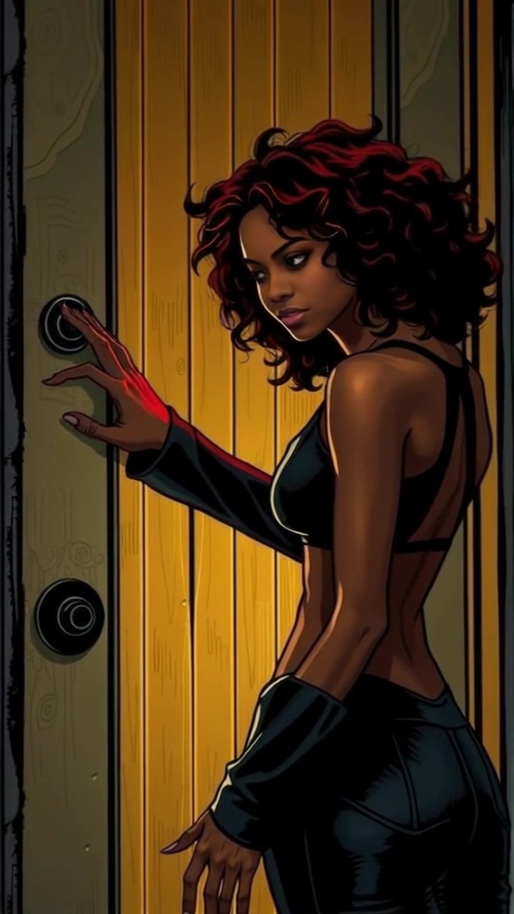 Subject: A young woman named Nia standing at a locked door. Subject movement: She shifts slightly, her hand resting on the doorknob, contemplating her next move. Scene: A dimly lit hallway on the second floor, with shadows cast from flickering lights creating an air of mystery. Style: Ambient, moody lighting emphasizes the tension in the moment. Motion: The camera slowly pushes in towards Nia, capturing the intensity of the moment as her silhouette looms larger against the door.